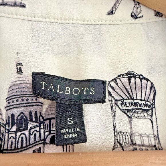 Talbots White and Black Paris Pop Over Top women Size S Button tie Quiet Luxury - Picture 7 of 10